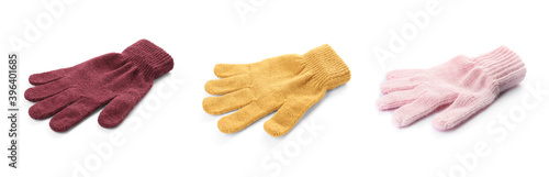 Set of woolen gloves on white background. Banner design