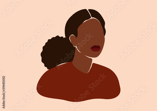 Silhouette of Black woman with curly hair in a bun. Confident young female with dark brown skin portrait in earth colors. Vector illustration for International Women's Day and Mother's day.