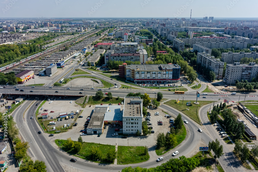 Aerial view of road interchange of Tyumen city