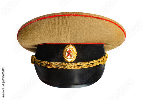 Leinwand Poster Isolated photo of a soviet officer military peaked cap on white background