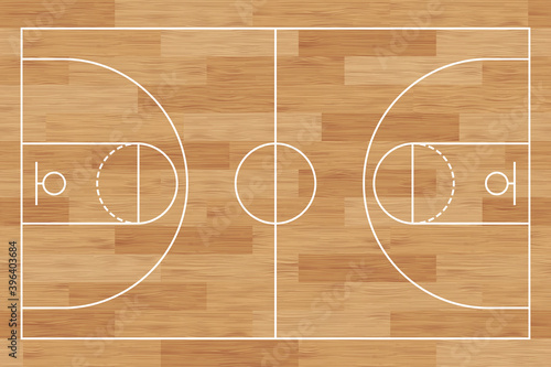 Basketball court. Wooden floor. background painted with line and basket. Basketball field. Sport play. Overhead view. Texture with wood pattern. Playground top plan. Wooden board. Vector illustration