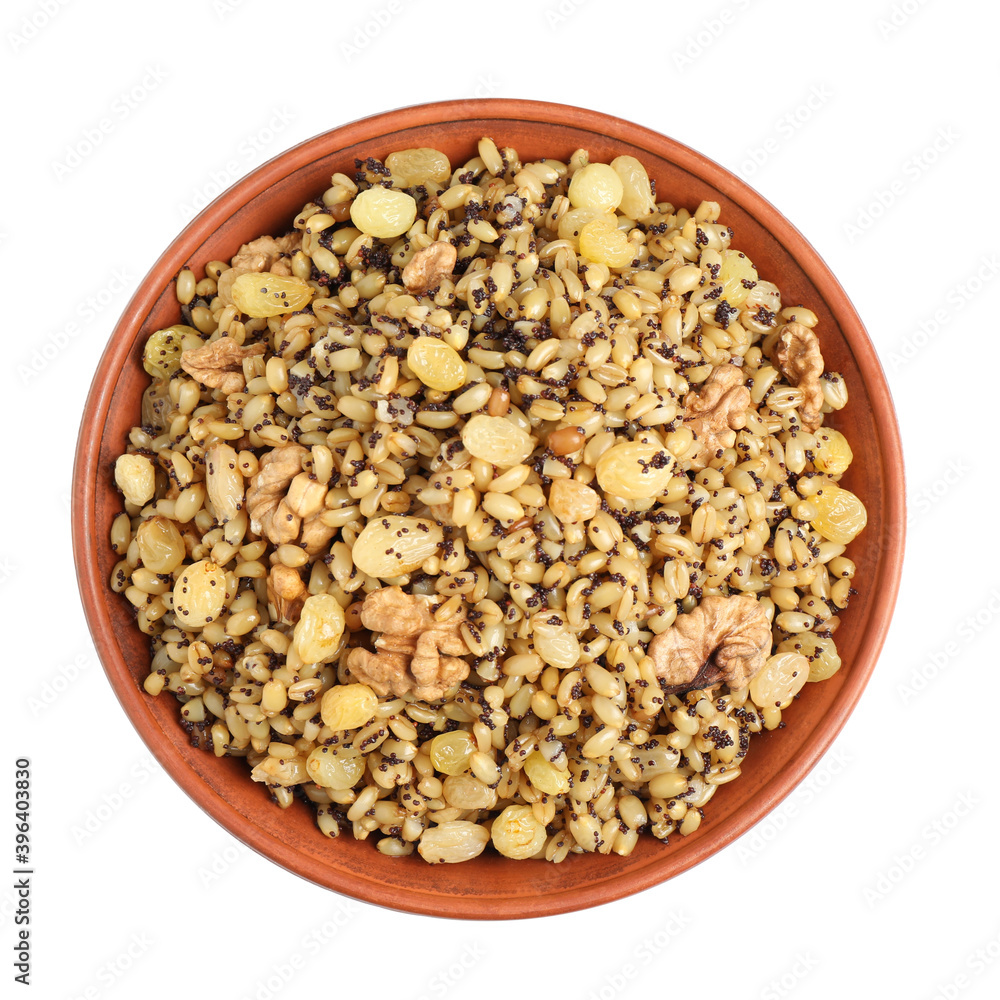 Traditional Christmas slavic dish kutia in bowl isolated on white, top view Traditional Christmas slavic dish kutia in bowl isolated on white, top view