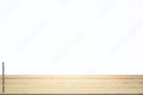 Empty wooden table top with white background, mock up