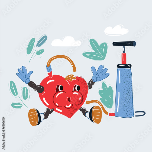 Vector illustration of heart under pressure. Inflated heart with pumper.