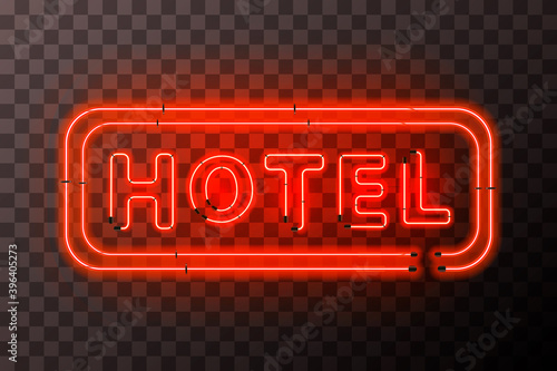 Bright red neon hotel sign board with rectangle frame on transparent