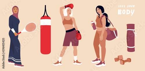 Set of women's sports. Woman wearing burqa playing tennis, boxer woman in red gloves and portrait of asian fitness woman carrying sports bag anf a bottle of water. Vector flat illustration.