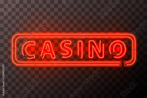Bright red neon casino sign with rectangle frame on transparent
