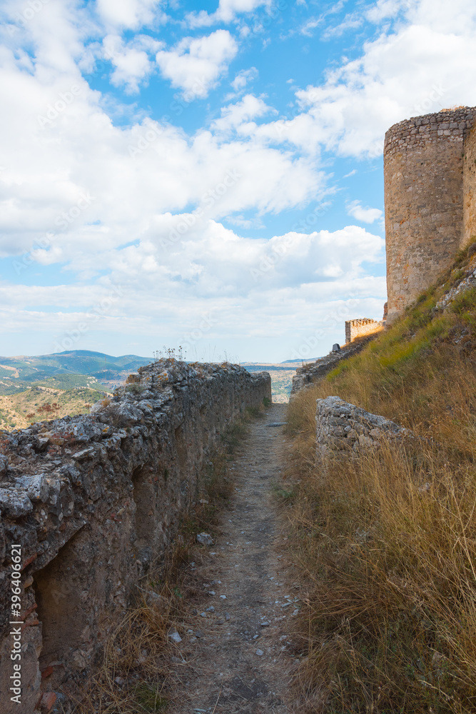 Morella castle ruins, ramparts and fortification. Morella, Maestrat region, Castellon province, Valencian community, Spain. 
