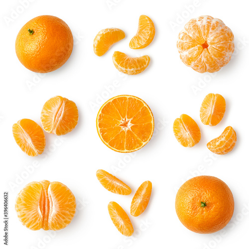 Set of fresh whole, peeled and sliced mandarin, tangerine or clementine