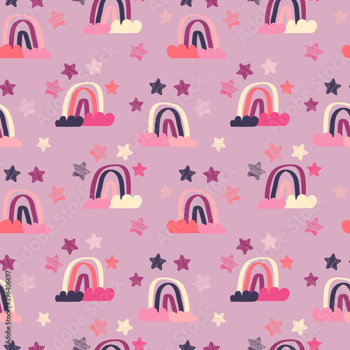 Seamless Illustration with Rainbows and Stars. Cute Design for Kids, Vector