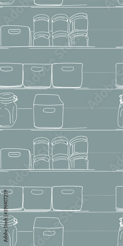 seamless pattern for fabric. gray print. organization of things in the house. jars, boxes, containers. kitchen design, towels, packaging design. pantry, wardrobe, shelves. to clean up. jar of cereals.