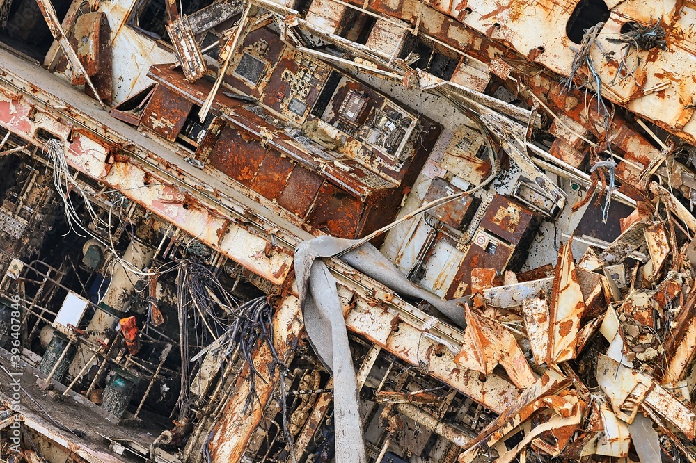 Details of a sunken shipwreck hull with rusty structure Details of a sunken shipwreck hull with rusty structure