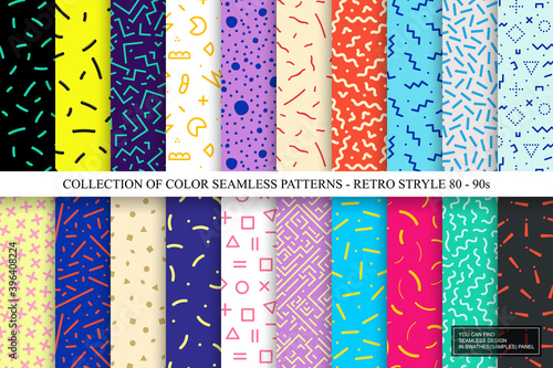 Collection of colorful seamless vibrant patterns. Fashion retro design 80-90s. Bright stylish textures. You can find repeatable backgrounds in swatches panel