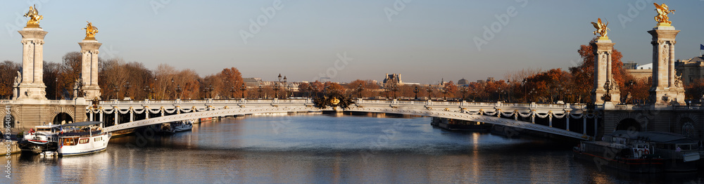 The panoramic view of Alexandre III bridge at sunny day in Paris, France The panoramic view of Alexandre III bridge at sunny day in Paris, France