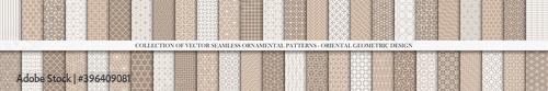 Collection of seamless ornamental vector patterns. Trendy white and brown oriental backgrounds. Creative tile mosaic design