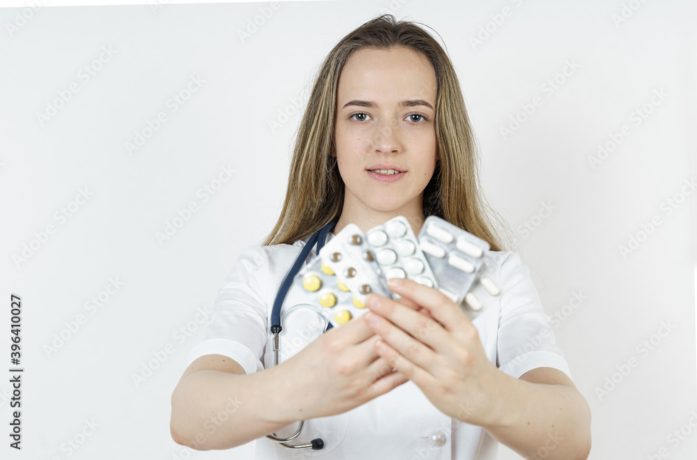 Medicine and health concept. Doctor woman holds pills in hands. Medicine and health concept. Doctor woman holds pills in hands.