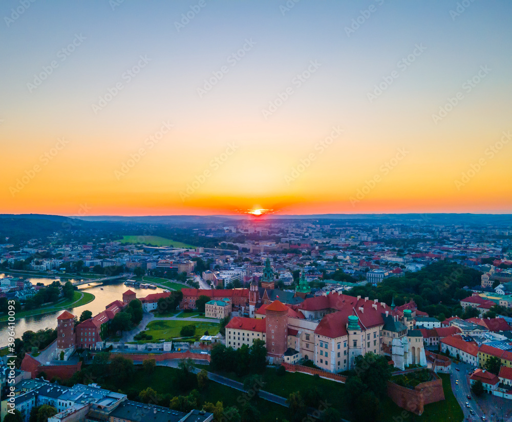 Aerial view of Wawel castle in Krakow, Poland during s sunset