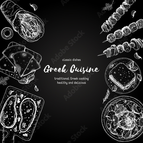 Greek cuisine top view. A set of greek dishes with gyros, pita, papoutsakia, pastitsio, kleftiko, grill . Food menu design template. Vintage hand drawn sketch vector illustration. Engraved image