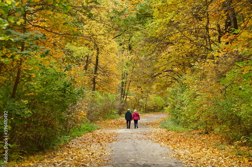 Couple walking in the colorful autumn woods. Active lifestyle 