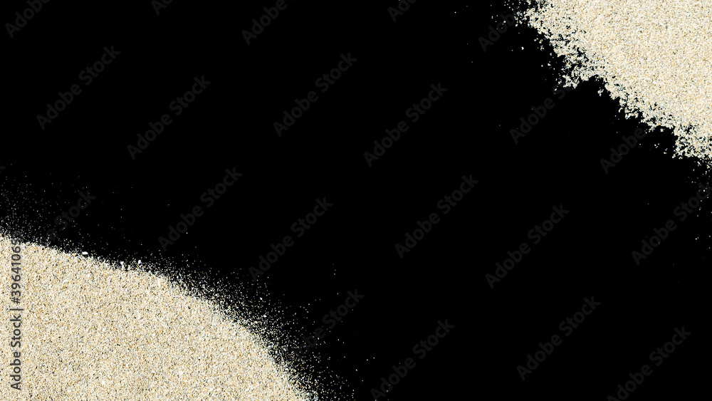 Desert pile sand isolated on black. Dust heap beach texture on shore background. Travel concept in minimal style.