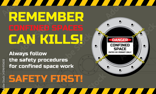 Safety precaution, campaign for industrial, and construction site work about confined space.