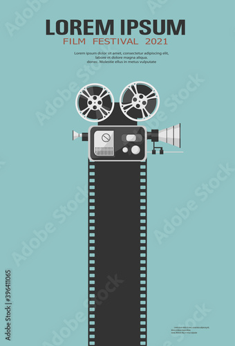 Vintage movie projector or camcorder with black filmstrip. Cinema movie festival poster. Cinema background with place for text. Film design for festival, banner, flyer, leaflet, brochure, poster.