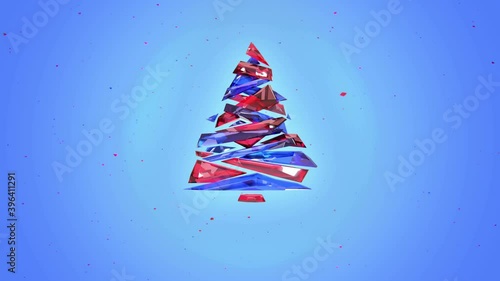 Stylized Christmas tree with slow falling confetti on blue background. Abstract Christmas concept render animation. 