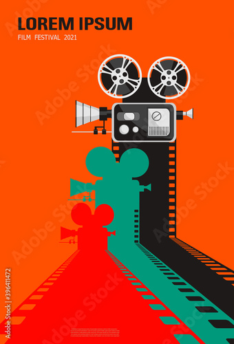 Color filmstrips on the way with silhouette of vintage camera. Cinema background. Film poster template for cinema festival. Retro design for banner or flyer with place for text. Movie time concept.