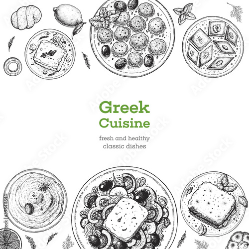 Greek cuisine top view. Set of greek dishes with greek salad, pastitsio, taramosalata, keftedes, gemista. Food menu design template. Vintage hand drawn sketch vector illustration. Engraved image