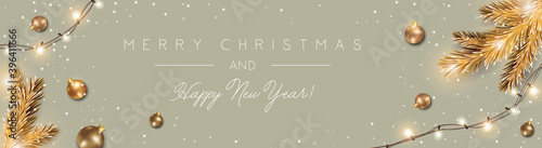 Merry Christmas and Happy New Year Background with golden ornaments and holiday lights