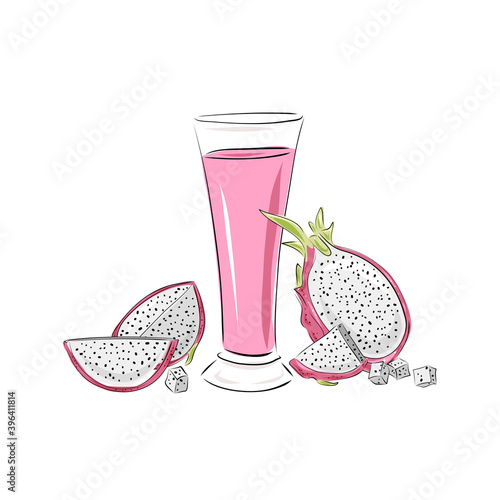 Glass with juice, a whole dragon fruit pitaya and slices. Smoothies on a white background. Beverages. Detox. Diet. Healthy lifestyle, food. Scribble. Hand drawn vector illustration. Sketch.