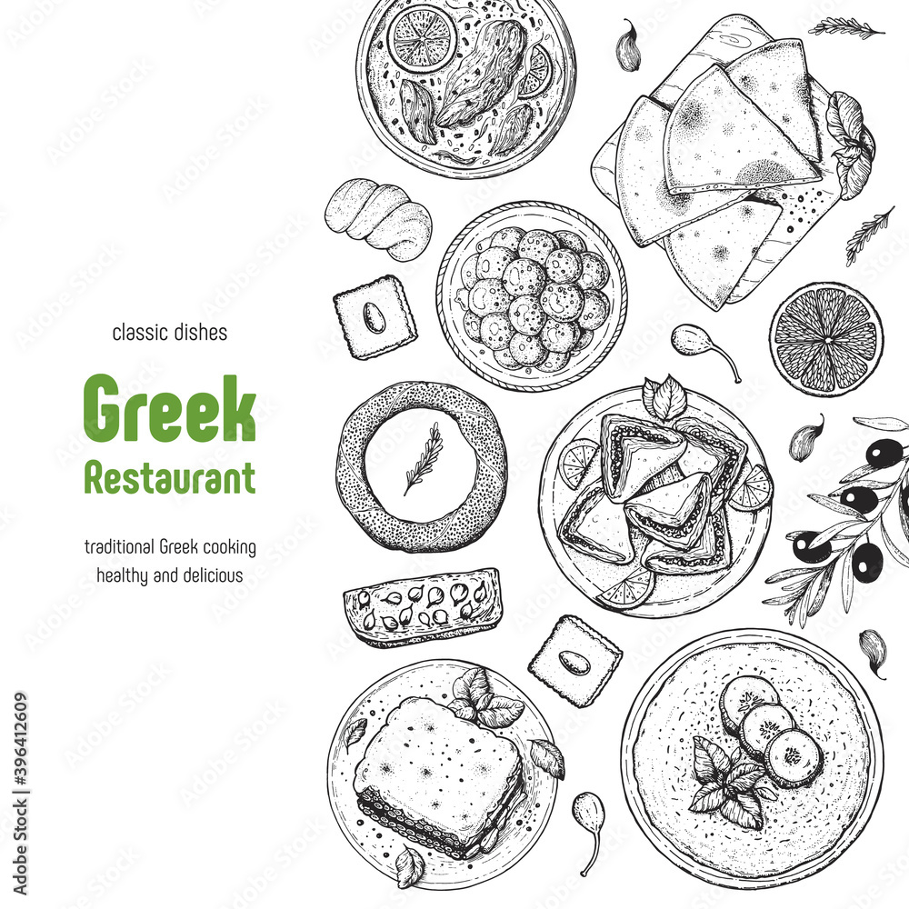 Vecteur Stock Greek Cuisine Top View A Set Of Greek Dishes With vecteur-stock-greek-cuisine-top-view-a-set-of-greek-dishes-with