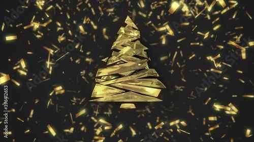 Stylized golden Christmas tree with falling confetti on dark background.