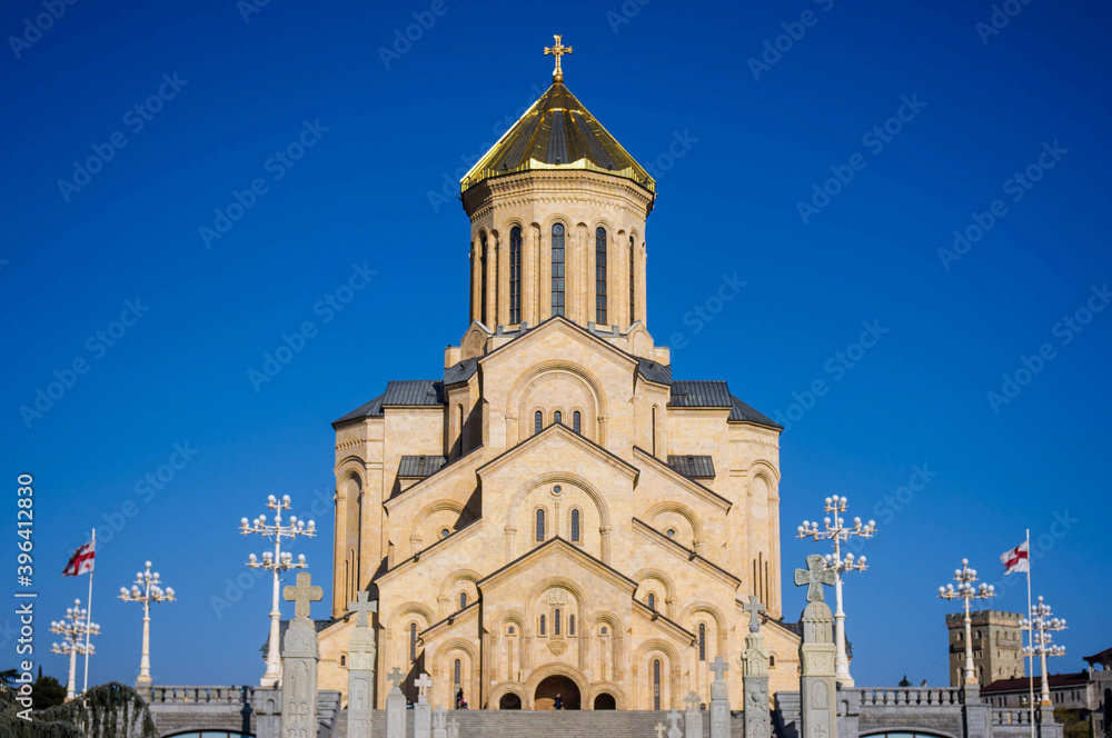 Holy Trinity Cathedral of Tbilisi front view, blue sky