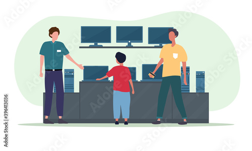 Boy buying laptop computer or computer monitor. Teenager choosing television or laptop at electronics shop or store. Cartoon flat vector illustration isolated on white background