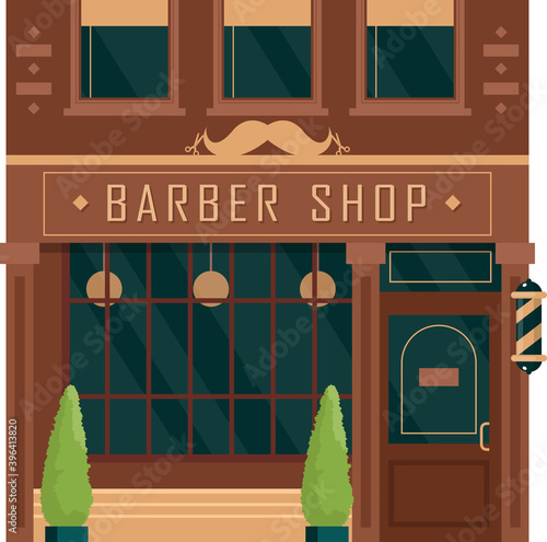 City building vintage facade barbershop vector illustration. Cartoon house exterior front view men s salon.