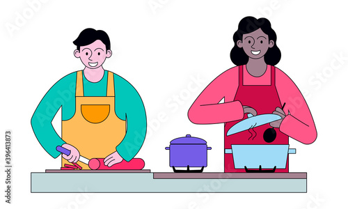 Smiling diverse people cooking food, meal, dish at table on kitchen. Multiracial couple man and woman preparing soup. Colorful cartoon flat vector illustration isolated on white background