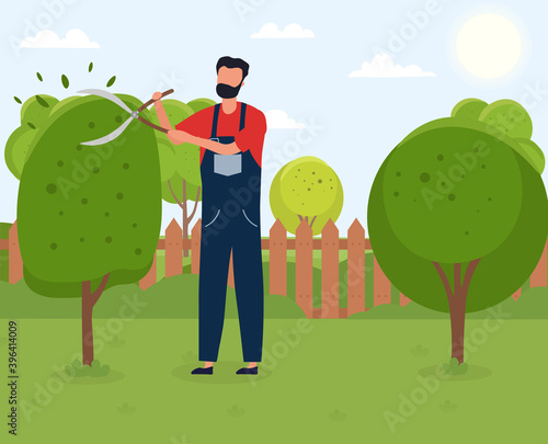 Gardener working. Male handyman character cutting tree with garden shears. Backyard landscaping, plants cultivation and nursery, garden maintenance. Cartoon flat vector illustration