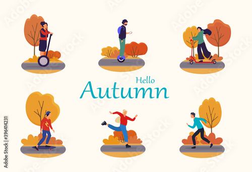 Hello autumn set. Outdoor healthy lifestyle and recreation leisure activity. People cycling, running, riding on skateboard, scooter, hoverboard, roller skates. Cartoon flat vector illustration