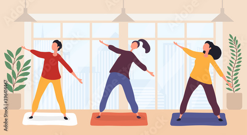 Cute funny women practicing yoga together. Group of sportswomen performing gymnastic exercise. Aerobics class, training, sports activity. Flat cartoon vector illustration.
