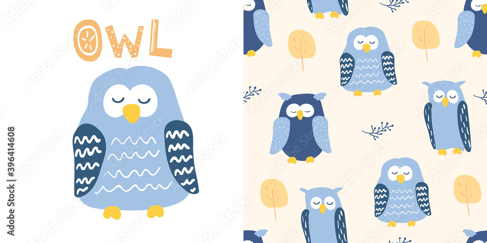 Cute blue owl in cartoon style. With OWL lettering. And seamless pattern with owl characters. Good for children designs. Isolated element on white background. Vector