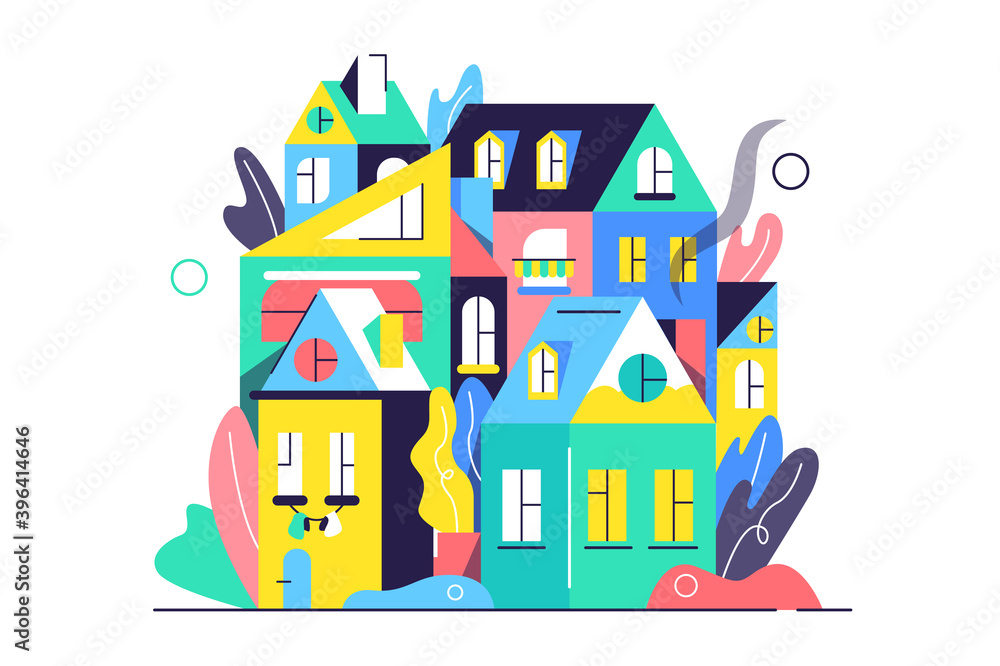 Modern town of houses in flat style, on top, isolated on white background, flat vector illustration