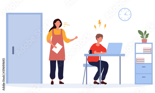 Problems in family concept. Mother and son quarrel. Conflict between parent and child. Woman screaming on lazy boy who playing on computer. Cartoon vector illustration isolated on white background