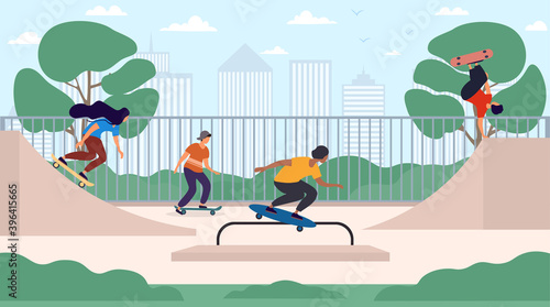 Happy teenage boys and girls or skateboarders riding skateboards at skatepark. Young men and women skateboarding and performing tricks on funboxes at skate park. Flat cartoon vector illustration.