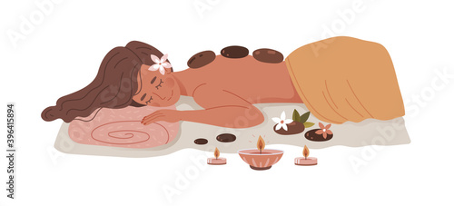 Spa center service. Beauty salon visitor cartoon character. Wellness center procedure. Hot stone massage. Cartoon flat vector illustration isolated on white background