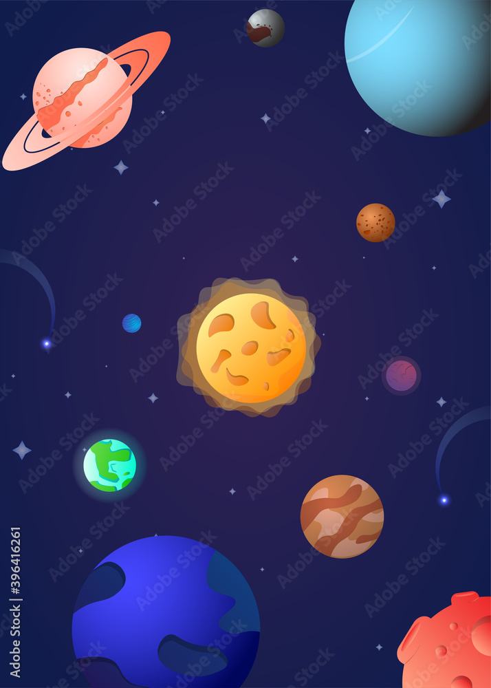 Solar system, space with planets and asteroids. Science. Universe, space trip. Astronomy. Cartoon flat vector illustration Solar system, space with planets and asteroids. Science. Universe, space trip. Astronomy. Cartoon flat vector illustration