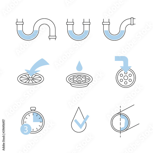 Plumbing thin line icon set. Clogged pipe. Vector illustration.