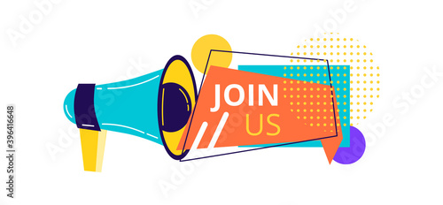 Join us badge, label for social media, mobile app, web page, website and advertise. Creative speech bubble. Promo sticker. Cartoon flat vector illustration isolated on white background