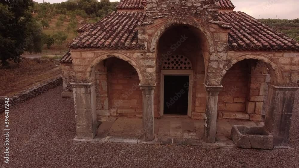 Aerial view of St. Samarina church in Messinia region at dusk Aerial view of St. Samarina church in Messinia region at dusk