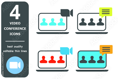 Four conference icons, meeting, seminar icon. Silhouette of a man on the monitor screen.